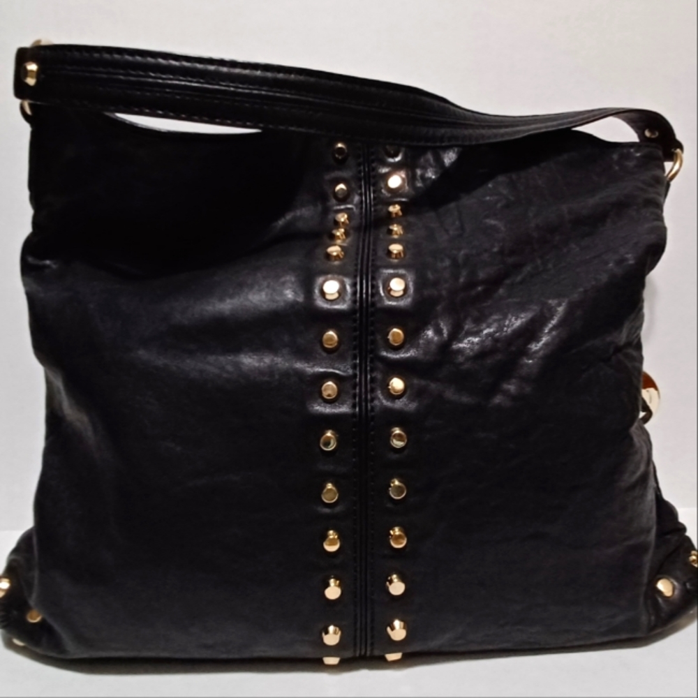 Michael Kors Black Leather Uptown Astor Shoulder Hobo Bag Gold Hardware